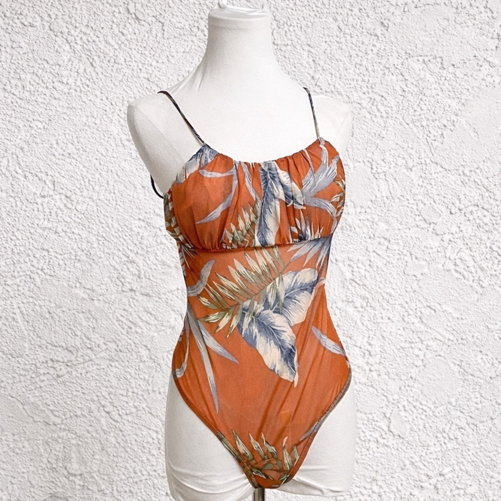 Vintage Y2K Shelley Sheer Tropical Bodysuit Mesh Camisole Top M/L